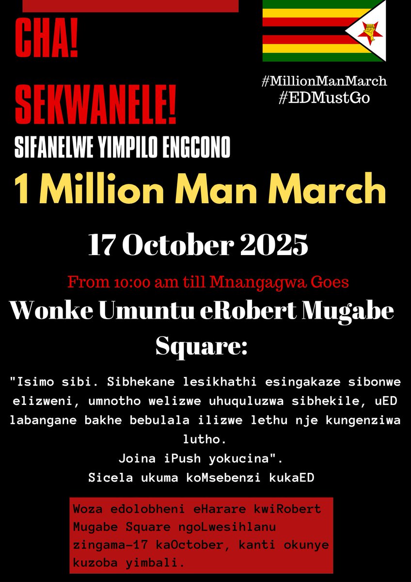 Zim_Bird's tweet photo. Aeewa! Zvakwana!
Cha! Sekwanele!
Enough is Enough!

We call for the Resignation of ED.
17 October We Join.

Share these Posters on WhatsApp. 1 million people at Mugabe Square https://t.co/wzt3WLR6qT