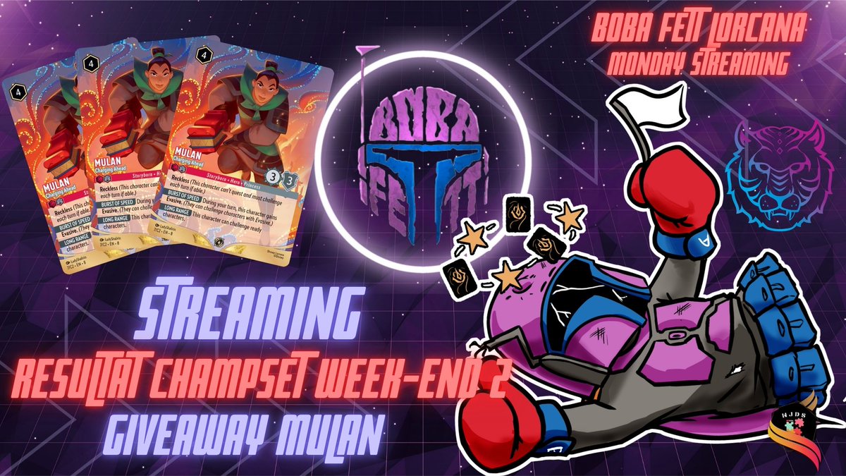 Salutations les Lorcaniens !

On se retrouve pour le #MondayStreaming dès 12h30 🎥
🔥 Au programme :
🏆 Résultats + débrief du ChampSet #2
🧠 Discussion sur la méta du week-end
🎁 Giveaway de la Mulan Promo !

Ne manquez pas ça 👇
🔗 twitch.tv/bobafett17

#Lorcana