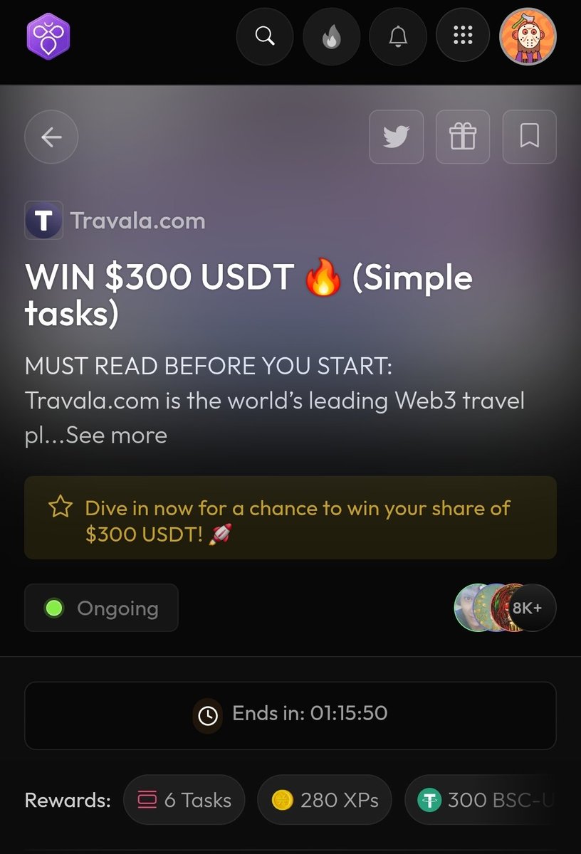 compound0x's tweet image. I just completed @travalacom quest,
by doing simple social tasks in @IntractQuests

The reward is to win share of $300 USDT,
Pretty good chunk to DCA after market down
 
Join me hurry, only 1 hour left 👇 quest.intract.io/quest/68be5752… 

#Intract #GIVEAWAY