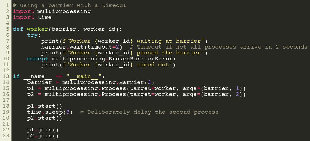SuperFastPython's tweet image. Using a barrier with a timeout
#Python #Concurrency