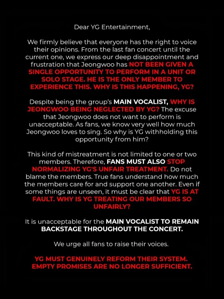 THE BLAME SHOULD BE ON THE COMPANY. AVOID SPREADING UNNECESSARY HATE. EXPRESS YOUR OPINIONS WITHOUT DRAGGING OTHERS.

JEONGWOO’S VOICE, YG’S SILENCE
#LetJeongwooShine #YGRespectJeongwoo #ThanksForNothingYG <a href="/ygent_official/">YG FAMILY</a>