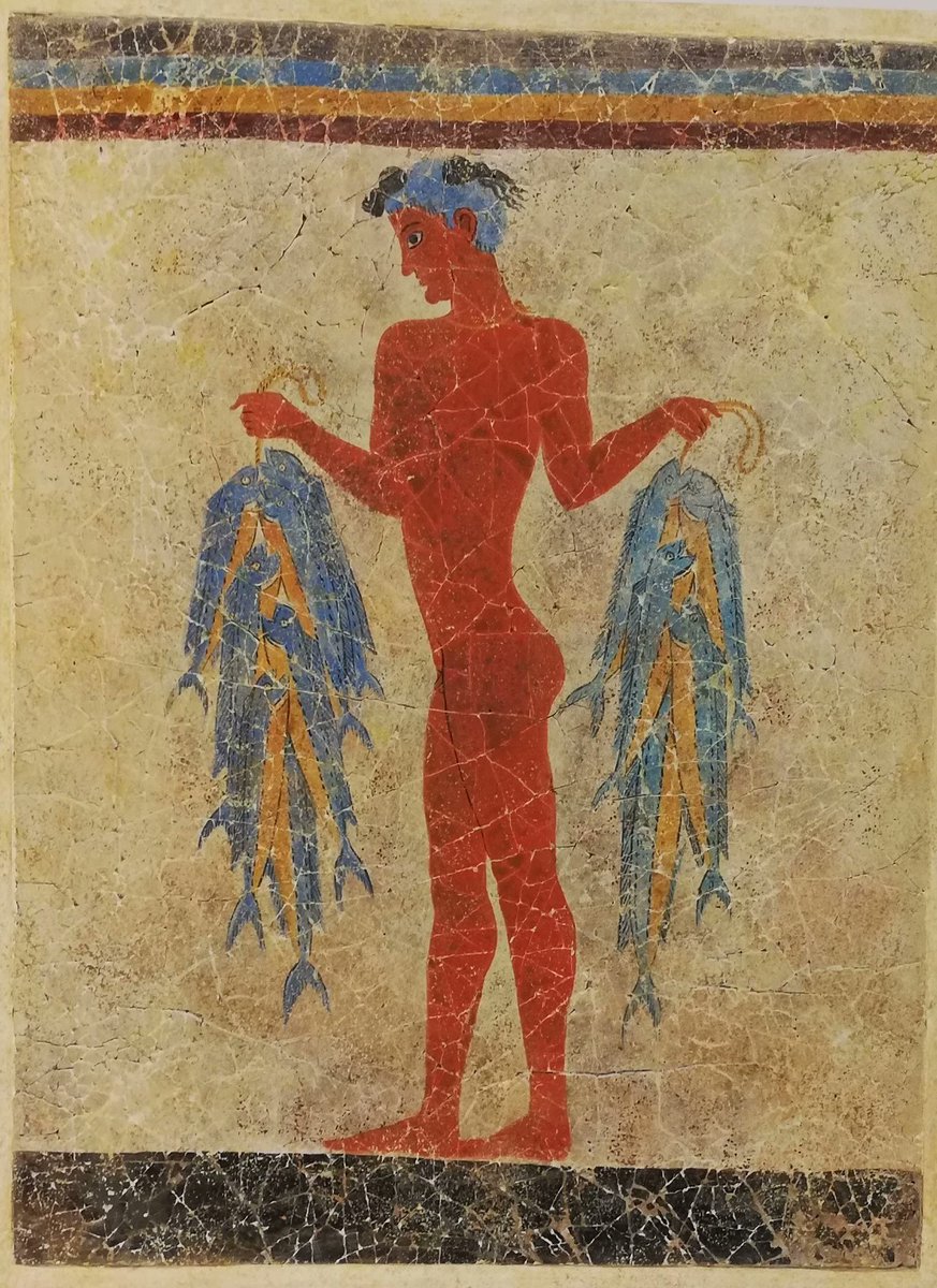 archeohistories's tweet image. This striking fresco, known as *Fisherman*, was discovered in the ancient settlement of Akrotiri on Thera (modern-day Santorini) in the Cyclades, Greece 🇬🇷. Dating back to around 1600 BC, it is a remarkable example of Minoan art, showcasing the vibrant culture of the Bronze Age.…