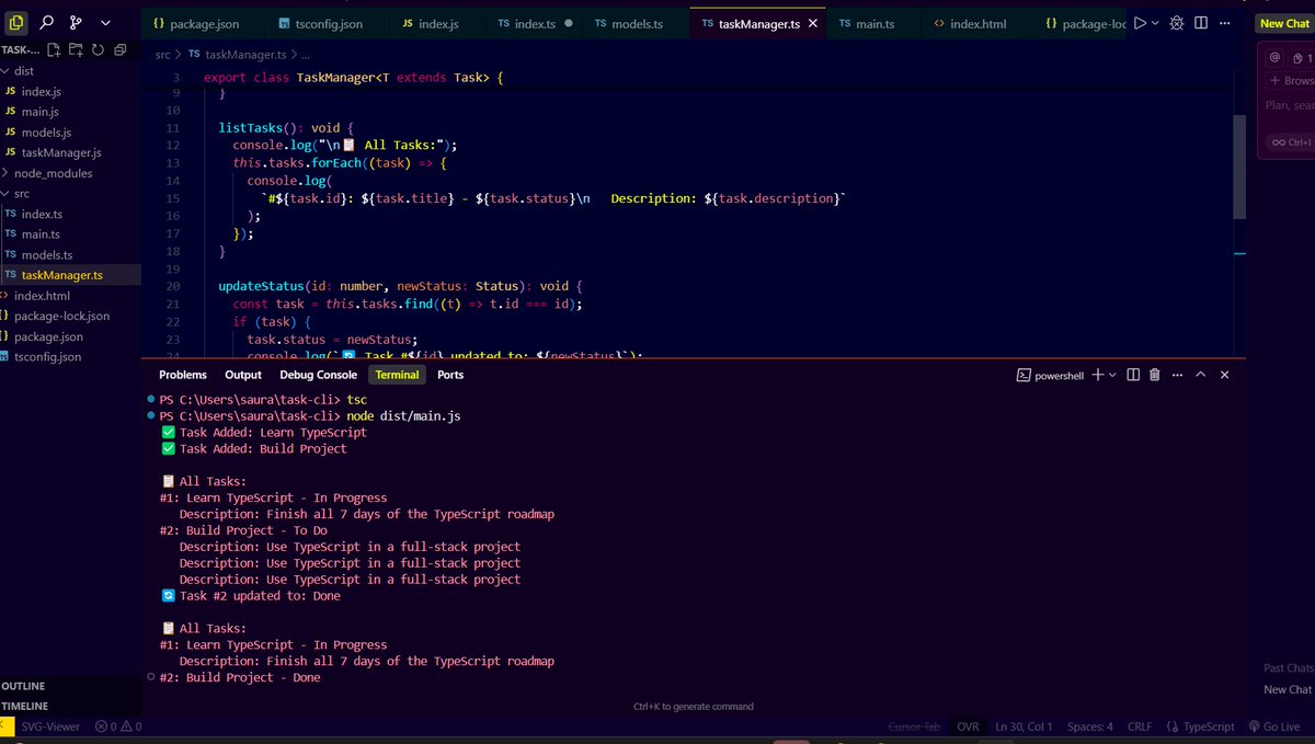 SaurabhSin15850's tweet image. Built a mini Task Manager CLI using:
Interfaces 🧩
Classes ⚙️
Enums & Generics 💪Output:✅ Task Added: Learn TypeScript
🔄 Task #2 updated to: Done
From basics → real-world OOP in 7 days!
Next: TypeScript + React ⚡#TypeScript