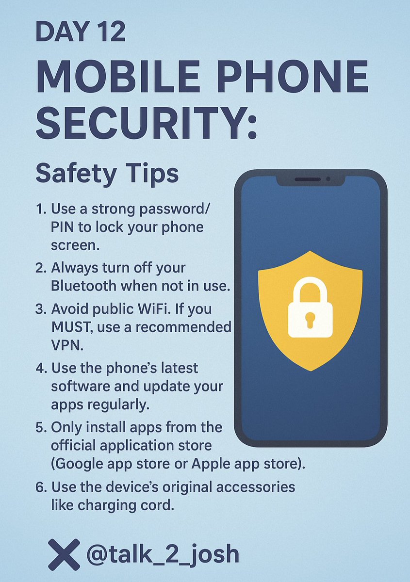 talk_2_josh's tweet image. In todays interconnected world, mobile phone has become an extension of the body. Mobile phones have evolved to make life convenient, but there are associated risks.
Cyber criminals are increasingly targeting the mobile phone for their exploits. 

Safety Tips 👇