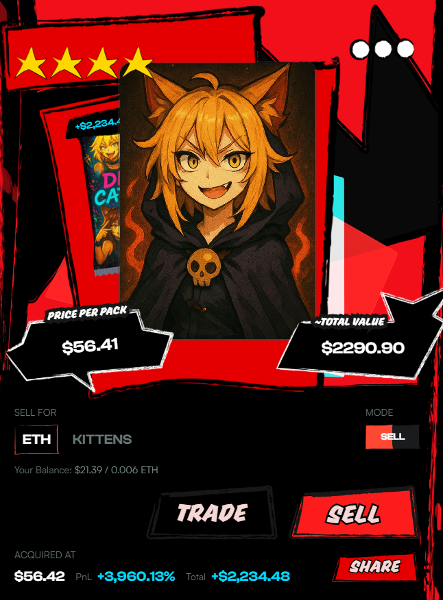 vibe_catgirls's tweet image. &amp;gt;Open two packs for 113$
&amp;gt;instant 40x on one, $56.41 -&amp;gt; $2290.90
&amp;gt;1.2x rare, $56.41 -&amp;gt; $65.92

Trick or Treat 🎃