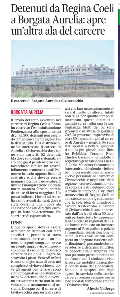 FnsCisllazio's tweet image. MESSAGGERO CIVITAVECCHIA 12/10/2025 
Detenuti trasferiti a Civitavecchia, il nuovo braccio apre in anticipo = Detenuti da Regina Coeli a Borgata Aurelia: apre un`altra ala del carcere
#FnsCisllazio
#PoliziaPenitenziaria
#follower