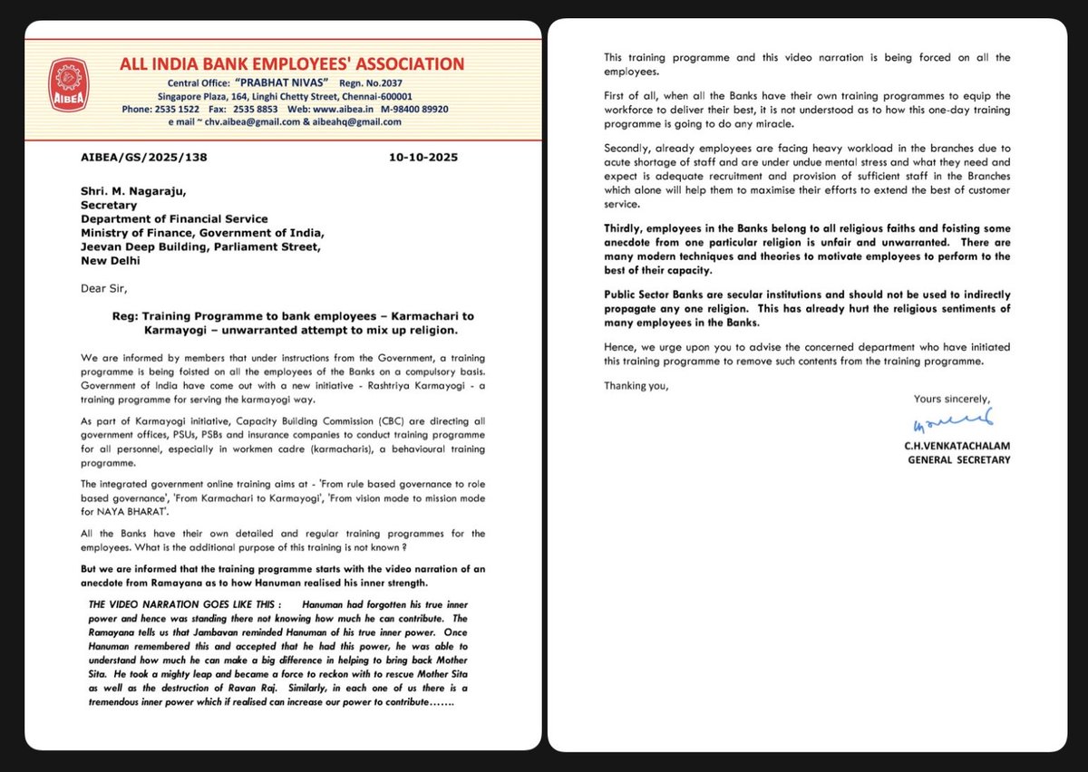 iNitinTyagi's tweet photo. Backlash for #AIBEA! Hypocrisy at its Peak!

AIBEA is crying foul over the Karmayogi training programme because it included a short motivational story from the Ramayana about Lord Hanuman.

They are calling it “religious imposition.” Seriously?

The story is about discovering your inner strength, the same lesson every leadership program teaches worldwide.
When Western courses quote the Bible or Greek philosophy, it is called values and ethics. But when India quotes the Ramayana, it suddenly becomes religion.

This is not secularism, this is selective hypocrisy.

And the funniest part?
AIBEA’s self-proclaimed filmy leader @ChVenkatachalam found time to write to the Government over a harmless story,
but hasn’t written a single line for #5daysbanking, hasn’t called a strike for staff rights, and doesn’t have the courage to step down after years of doing nothing for employees.

He talks about hurting sentiments?
What about the thousands of bank officers working 6 days a week, late nights, and even Sundays, their sentiments don’t count?

When it’s about Palestine, they show solidarity. But when it’s about India’s own culture, they suddenly remember secularism.

Enough of this double standard.
If you can’t fight for your own bankers,
then stop pretending to be their voice.

#AIBEA #Karmayogi #BankersVoice #5DayBanking #Hypocrisy #VenkatChellam #BankReforms #PublicSector #BankUnionPolitics