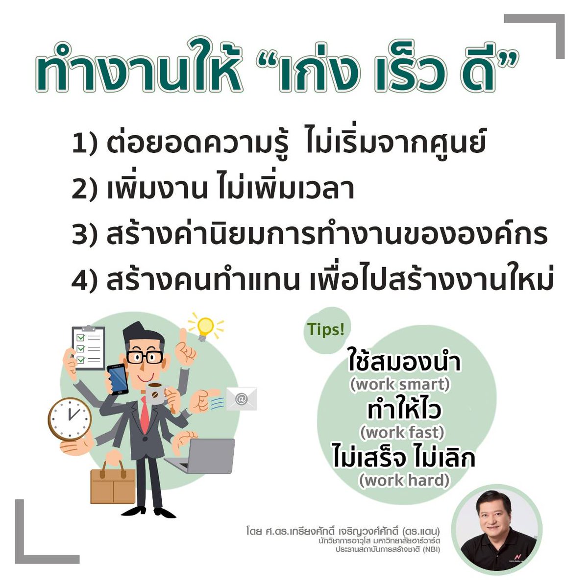 drdancando's tweet image. ทำงานให้ “เก่ง เร็ว ดี”
1️⃣ ต่อยอดความรู้ ไม่เริ่มจากศูนย์
2️⃣ เพิ่มงาน ไม่เพิ่มเวลา
3️⃣ สร้างค่านิยมองค์กร
4️⃣ สร้างคนทำแทน เพื่อไปสร้างงานใหม่
💡 ใช้สมองนำ ทำให้ไว ไม่เสร็จไม่เลิกรา
– ศ.ดร.เกรียงศักดิ์ เจริญวงศ์ศักดิ์
#เก่งเร็วดี #worksmart #workfast #workhard #DrDanCanDo