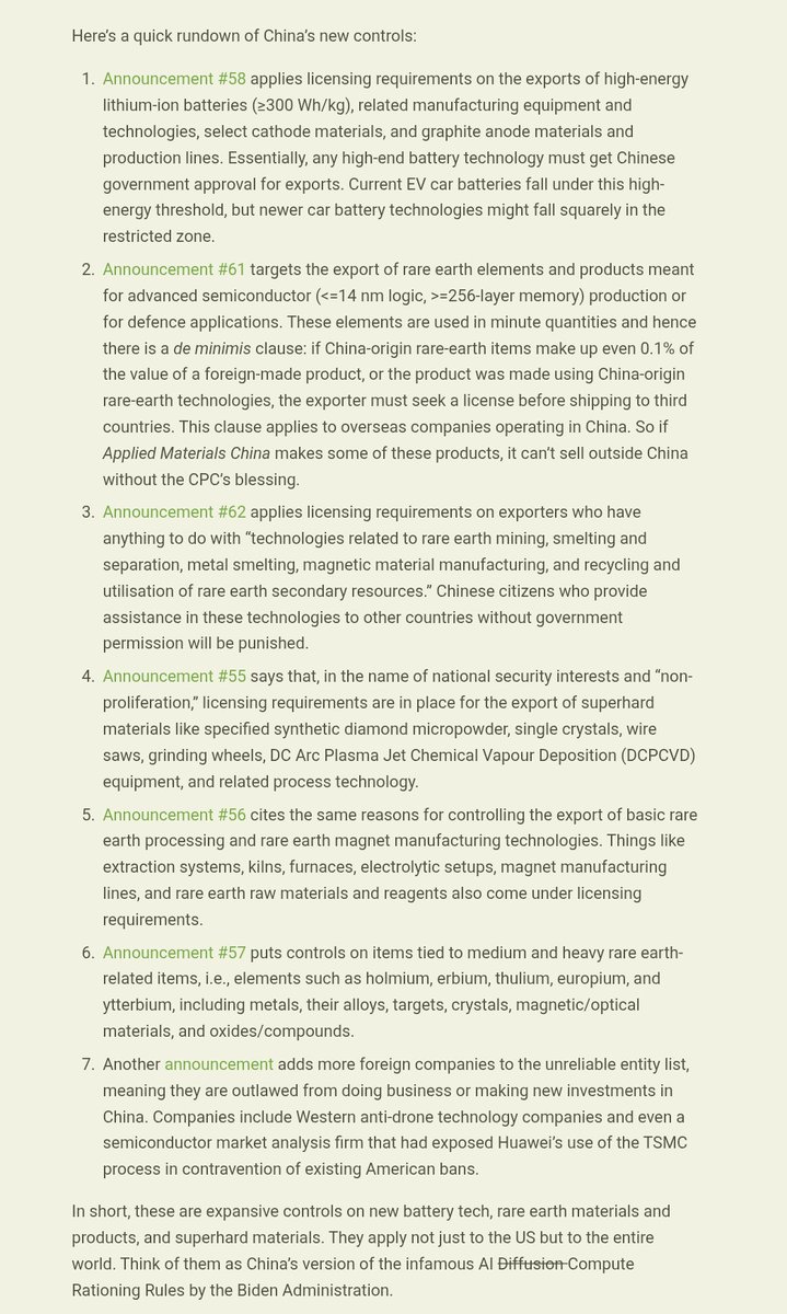 pranaykotas's tweet image. On 9th October, China hasn&apos;t just dropped rare earth export controls on the US. They are wide-ranging (and self-harming in my view). They affect many sectors in all countries. Here&apos;s a summary of the seven actions taken.