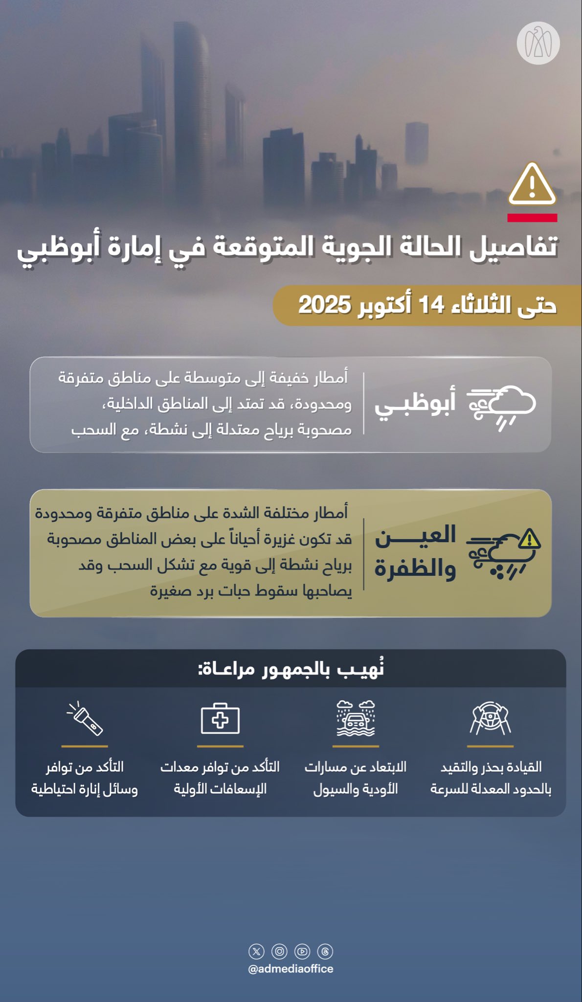Infographic displays Abu Dhabi skyline at dusk with warning triangle overlay Arabic text sections on expected rains until October 14 2025 safety advice to avoid wadis and floods weather icons including clouds rain and sun emergency symbols like syringe medical kit phone and location marker bottom watermark ADMediaOffice