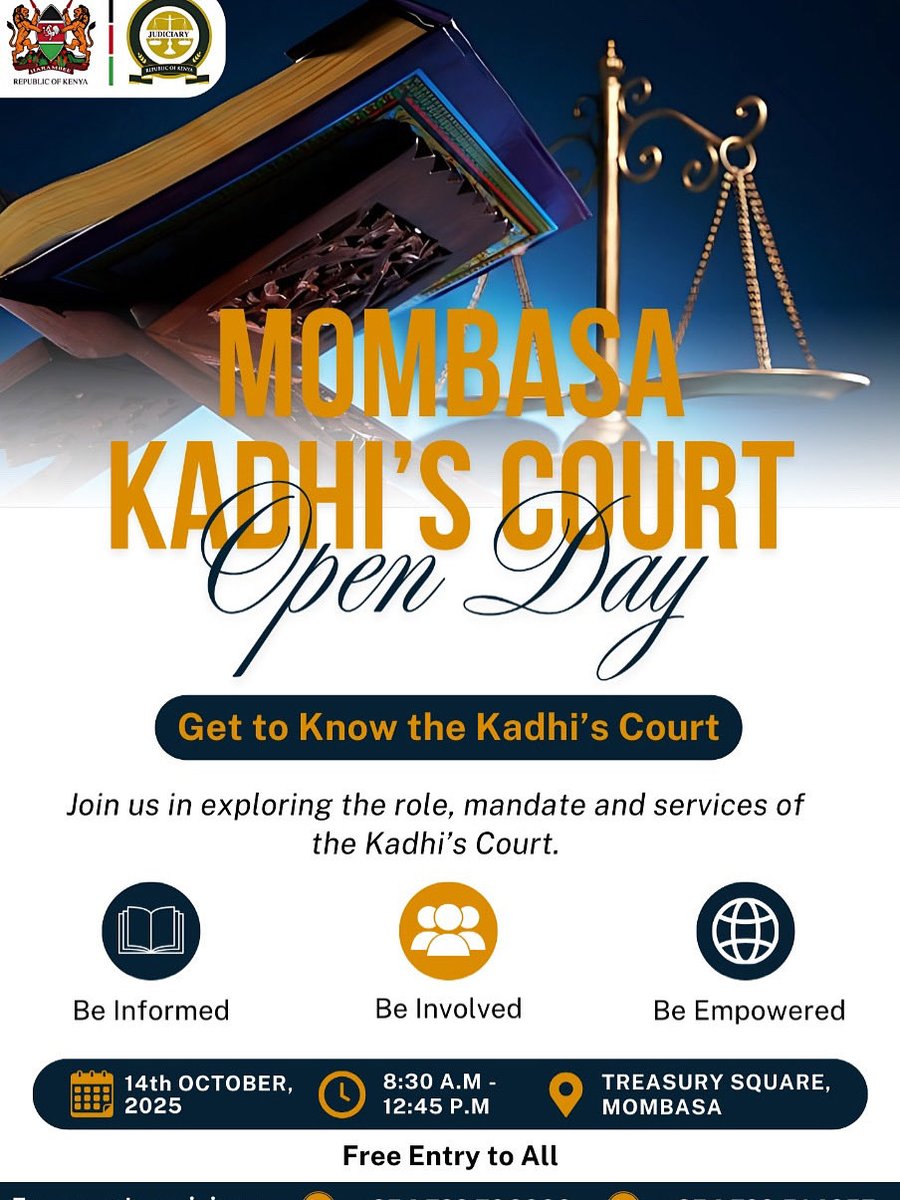 Ever wondered what the Kadhi’s Court does? 🤔 Come find out on 14th October at Treasury Square, Mombasa. Be informed. Be involved. Be empowered.