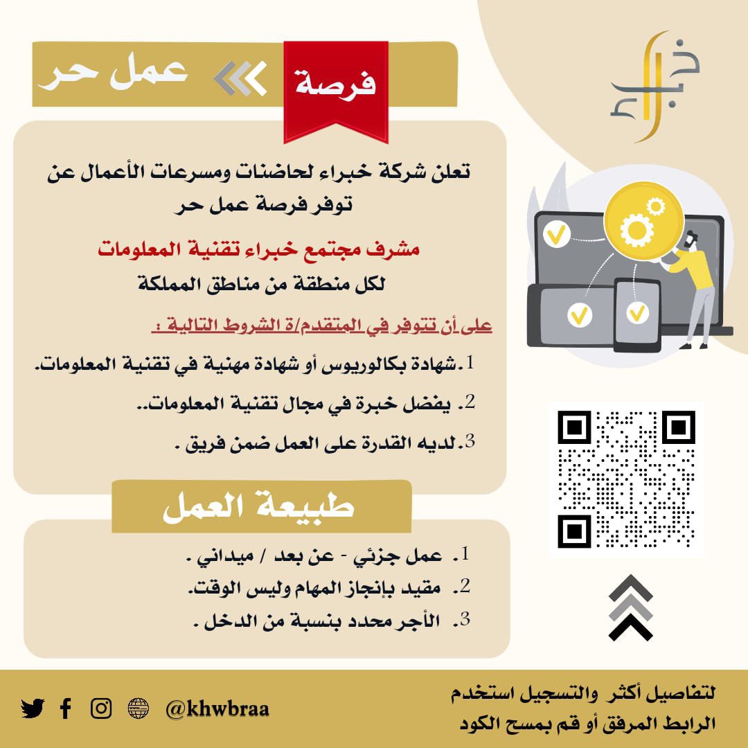 hrK4IA's tweet photo. #خبراء 
#السعودية_العظمى 
#نحلم_ونحقق
و #الوعد_2030
📣
#فرصة_عمل_حر  في
جميع مناطق المملكة 

يمنحك مسار #خبراء #تقنية_المعلومات فرصة مميزة لتصنع المستقبل لا لتصفق له.
في زمنٍ تُصاغ فيه القرارات بالبيانات ،ويُقاس التقدّم بالتقنية
حوّل #مهارتك إلى إنجاز و  أثر يغيّر المشهد الرقمي. https://t.co/kqolYlT8s5
