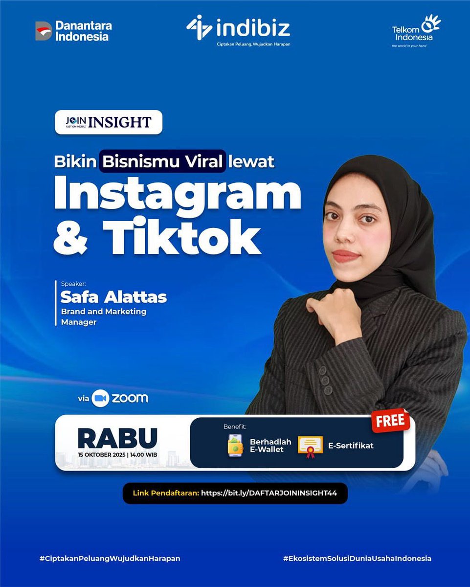 Indibiz_jtdiy's tweet image. Mau Bisnismu Dikenal Luas? DAFTAR WEBINAR INI, GRATIS!💡
🗓 : Rabu, 15 Oktober 2025
⏰ : 14.00
📹 : Zoom Online
Link Registrasi : bit.ly/DAFTARJOININSI…
Dapatkan E-Sertificate & Saldo LinkAja buat kamu!🚀
#Indibiz #Indibizjtd #Webinargratis
#CiptakanPeluangWujudkanHarapan