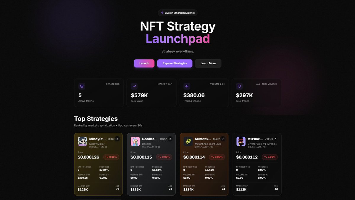StrategyItAll's tweet image. Our new NFT Strategy Launchpad allows you to launch a strategy token for any NFT collection of your choice (it doesn’t have to be your own collection). 

Launching a strategy costs 0.1 ETH and grants you a 1% fee on all swaps.

So if the strategy you kickstarted gains trading…