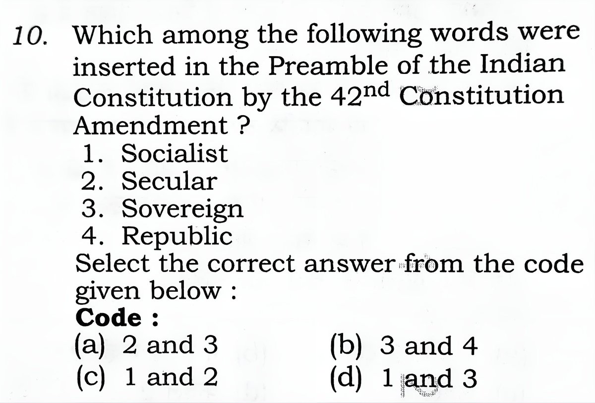 mbtupsc's tweet image. 𝐄𝐗𝐀𝐌 - 𝐔𝐏𝐏𝐒𝐂 𝟐𝟎𝟐𝟓 

Which among the following words were inserted in the Preamble of the Indian Constitution by the 42nd Constitution Amendment ?

#𝐔𝐏𝐒𝐂 #𝐔𝐏𝐒𝐂𝐏𝐫𝐞𝐥𝐢𝐦𝐬𝟐𝟎𝟐𝟔  #𝐂𝐀𝐏𝐅 #𝐍𝐃𝐀 #𝐂𝐈𝐒𝐅 #𝐂𝐃𝐒 #𝐔𝐏𝐏𝐒𝐂