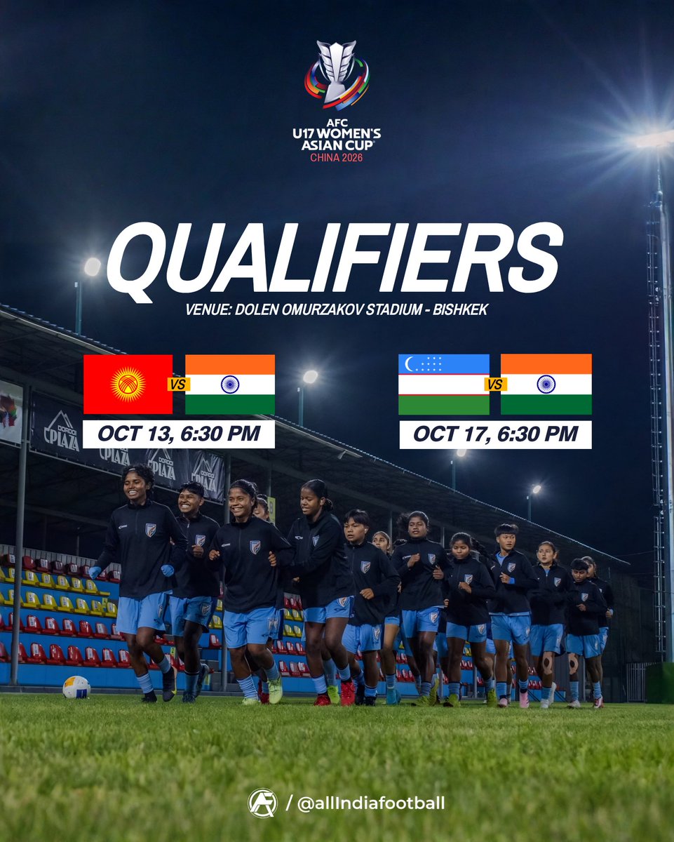 AllIndiaFtbl's tweet image. Get ready for the AFC U17 Women's Asian Cup Qualifiers! 🏆 The Indian team takes on Kyrgyzstan on Oct 13 and Uzbekistan on Oct 17, both at 6:30 PM at the Dolen Omurzakov Stadium in Bishkek! 🇮🇳⚽️ #AFCU17WomensAsianCup #IndianFootball #WomensFootball