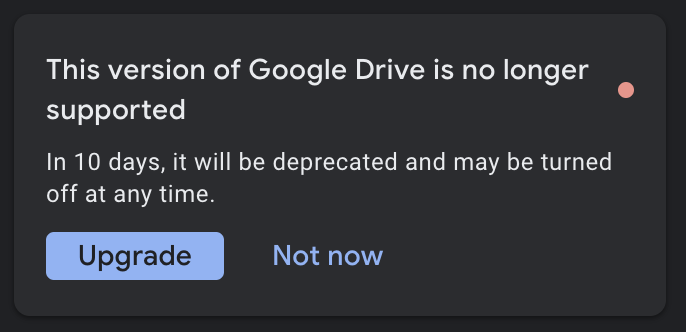 y2mango's tweet image. stupid @googledrive client says my client app is deprecated and will be turned off. the Upgrade button takes me to the website to download the app. i downloaded and installed. same fucking stupid deprecated message @googledrive