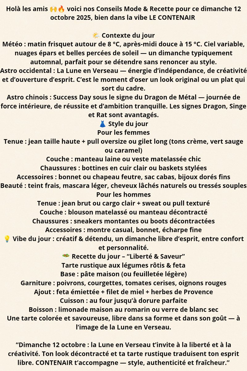 ClodM_CTR's tweet image. Holà les amis voici nos conseils Mode et recette du 12 OCTOBRE By LE CONTENAIR WEBMEDIA CTR bonne journée à tous #follower #followers #toutlemonde #HoroscopeChinois