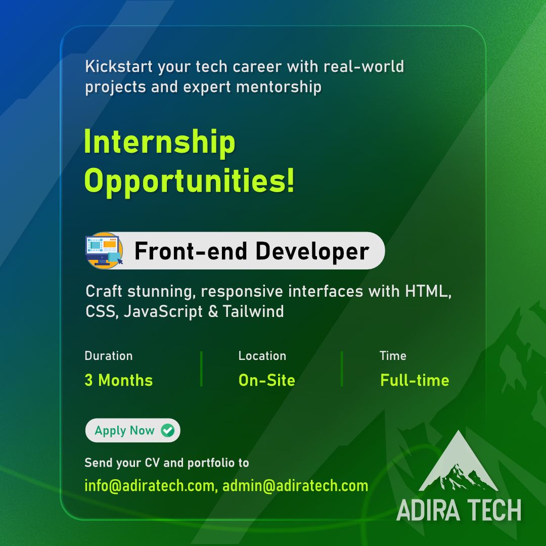 adira_tech_2024's tweet image. Got an eye for design and a love for code? 👀💻
Join us as a Front-End Developer Intern and turn ideas into interactive experiences!
#FrontendIntern #AdiraTech #InternshipOpportunity #WebDesign