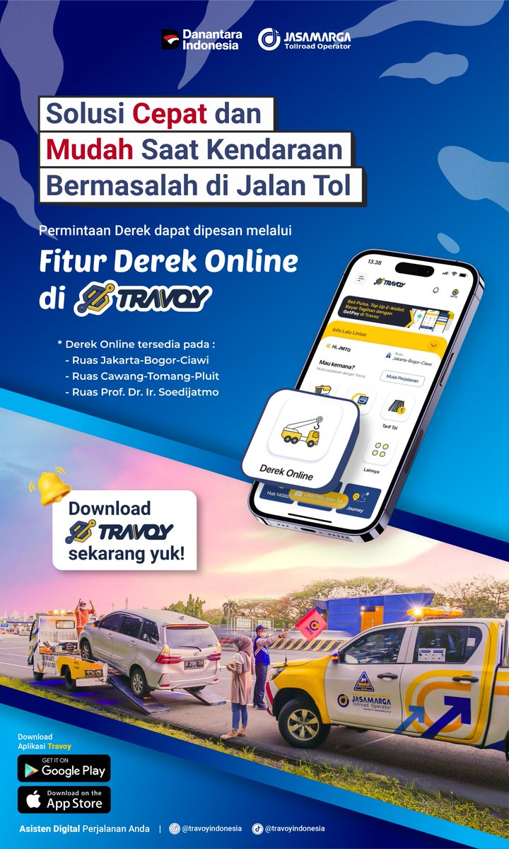 PTJASAMARGA's tweet image. Kawan JM, Gunakan kemudahan permintaan Derek saat mengalami gangguan di Jalan Tol dengan fitur Derek Online pada aplikasi Travoy, saat ini tersedia di ruas Jakarta-Bogor-Ciawi, ruas Cawang-Tomang-Pluit dan ruas Prof. Dr. Ir. Soedijatmo.