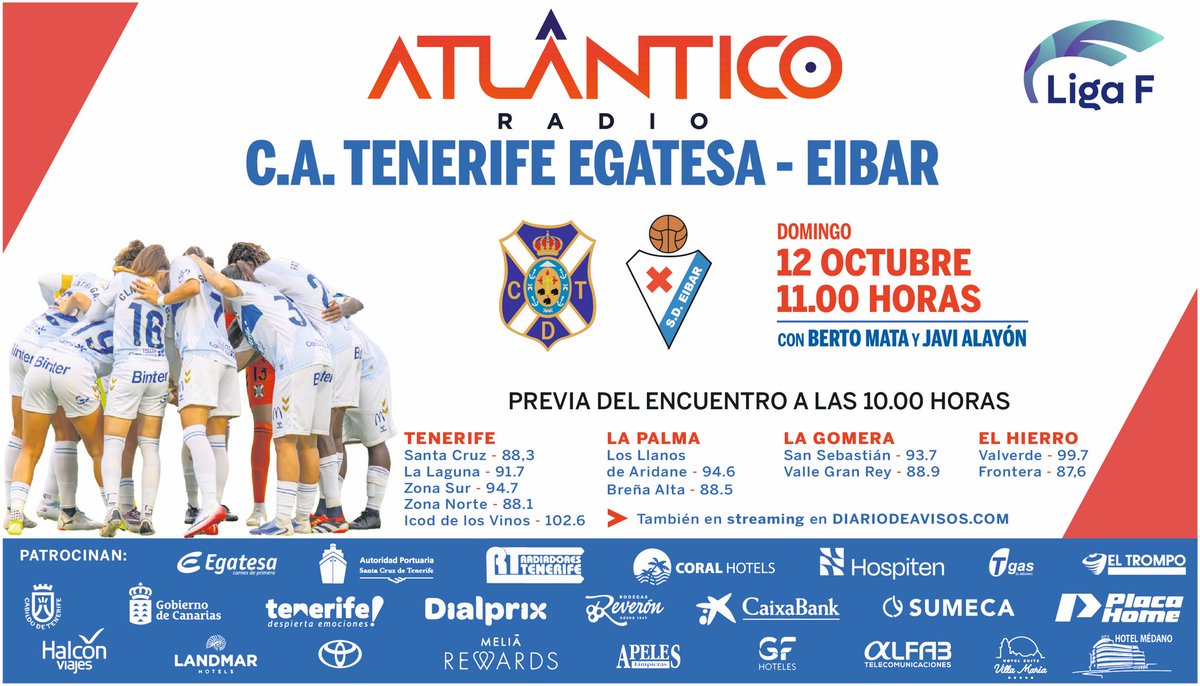 🚨¡MATCH DAY!🚨

⚽️ <a href="/CDTFemenino/">Costa Adeje Tenerife</a> - <a href="/SDEibar/">SD Eibar</a> 

🏟️ Heliodoro Rodríguez López
⏰ 11.00h (10:00 en directo)
🗓️ Jornada 7, <a href="/LigaF_oficial/">Liga F</a>

🎙️ <a href="/mata_berto/">Berto Mata</a>
🎤 <a href="/JaviAlayon90/">Javi Alayón</a> 
🎤 <a href="/GaraGarciaM/">Gara García</a> 
🗣️ #JaviDelgado 

📻 <a href="/atlantico_radio/">Atlántico Radio</a>
📲 APP y TDT
💻 diariodeavisos.com 
📩 651 37 37 37