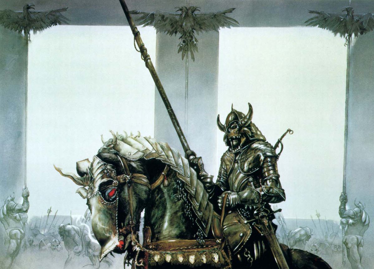 LRonLacy's tweet image. For #OCTOBER 1987
‘The Lieutenant of The Black Tower of Barad-dur’
John Howe (b. 1957)
*The 1987 J.R.R. Tolkien Calendar* (Ballantine Books) for October.
#illustration #illustrationart #illustrationartists #JohnHowe #JRRTolkien #TheLordOfTheRings #LOTR
