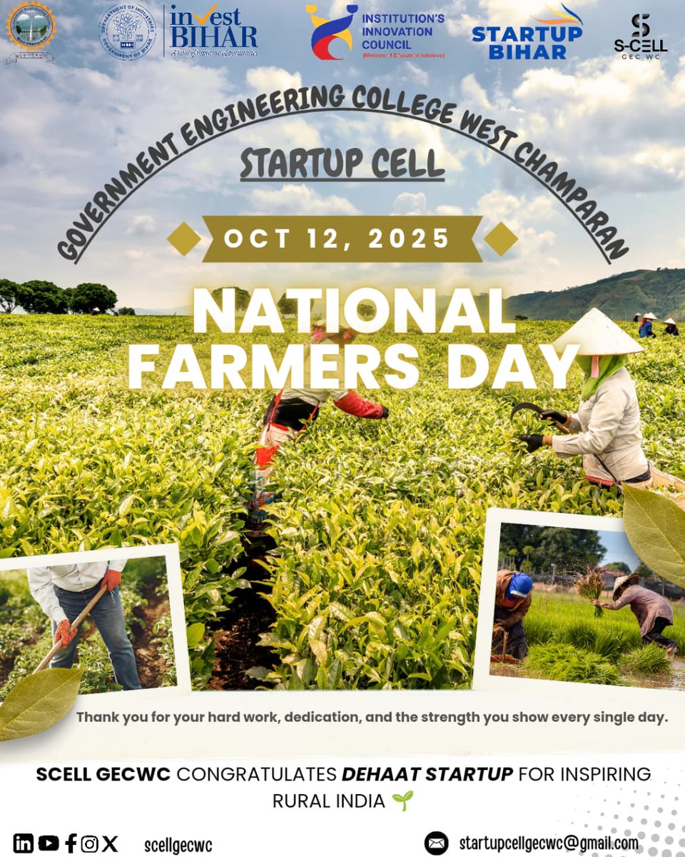 scellgecwc's tweet image. 🌿 SCELL GECWC SALUTES DEHAAT FOR EMPOWERING RURAL INDIA 🇮🇳
On this National Farmers’ Day (Oct 12, 2025), SCELL GECWC proudly congratulates Dehaat Startup for inspiring rural India through technology, innovation, and empowerment. 💚
#FarmersDay #Dehaat #SCELLGECWC #StartupBihar