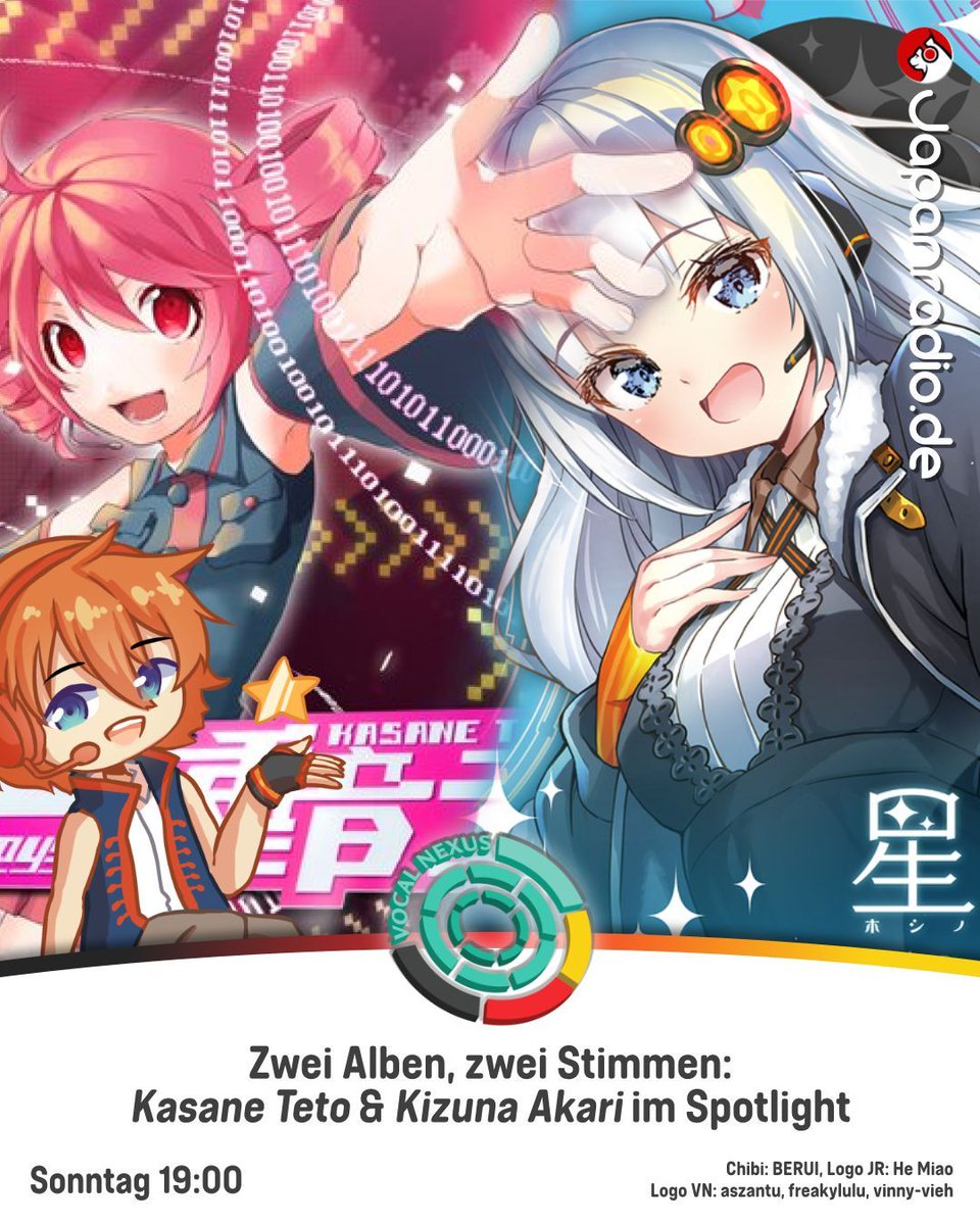 Das nächste mal bei VocalNexus stelle ich euch 2 Alben vor, die sich um jeweils eine Stimme handeln: "Star's Song I - "Hoshi No Uta" ist das erste Album rein um Kizuna Akari und "0401 - Best of Kasane Teto" eine Sammlung von fantastischen Song von der UTAU Kasane Teto. #vocaloid