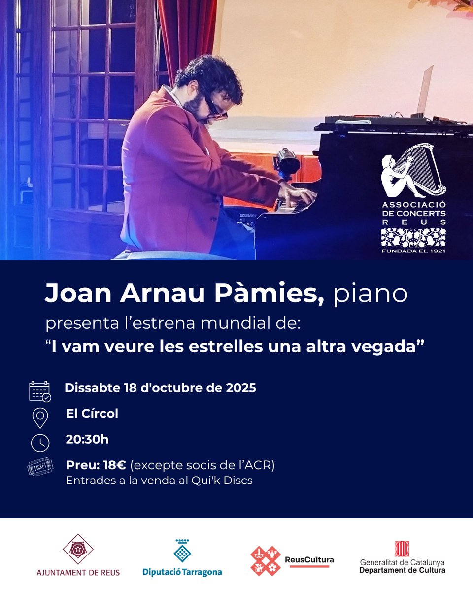 El nostre compositor resident i magnífic pianista Joan Arnau Pàmies serà el protagonista del proper concert
📅 dissabte 18 d'octubre
🏦 <a href="/ElCircolReus/">El Círcol de Reus</a> 
⌚ 20:30h
💵 18€ ( a la venda a la mateixa entrada al concert en efectiu/cash i anticipada a Discos Qui'k de Reus)
<a href="/ReusCultura/">Reus Cultura</a>