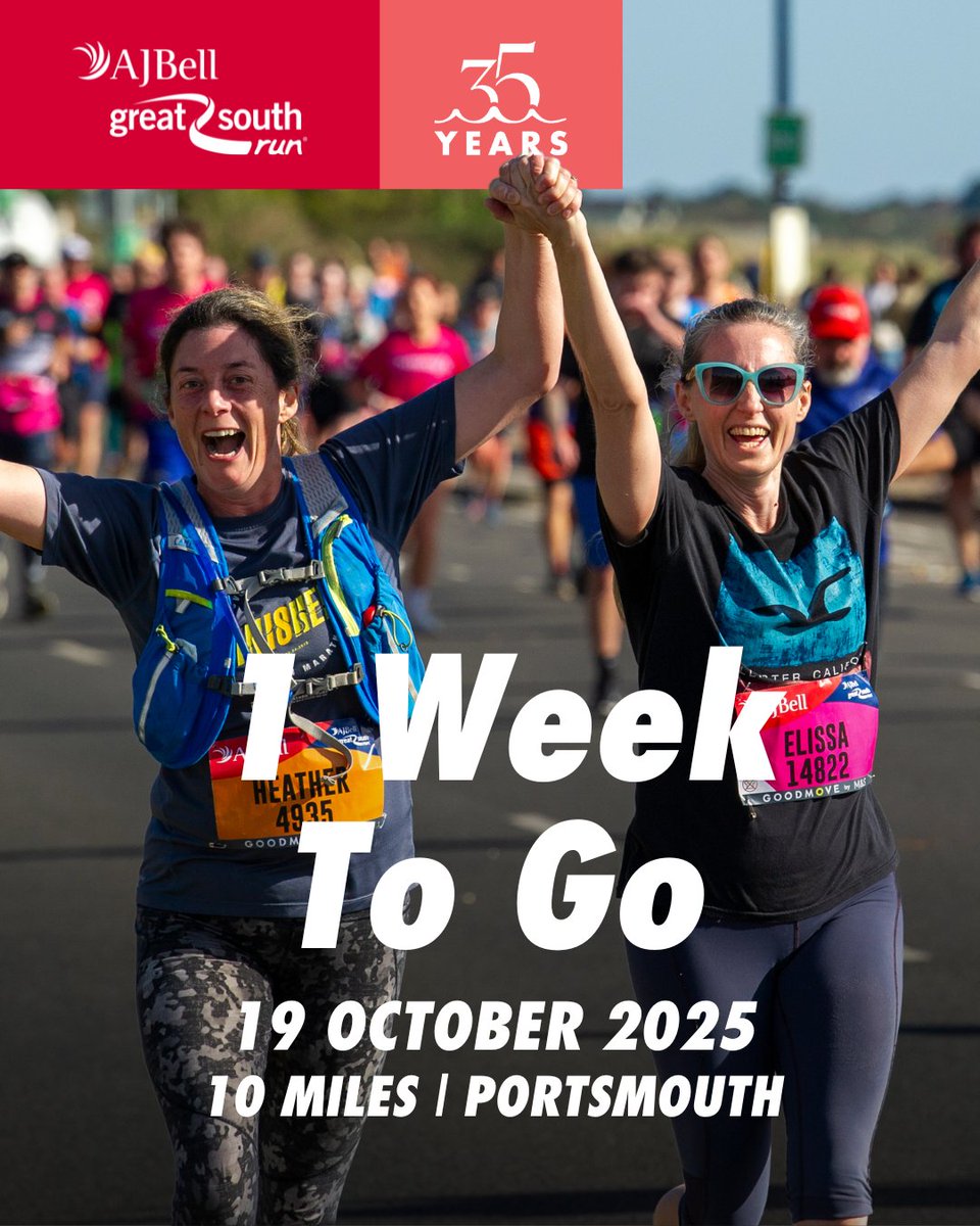 7 days. 10 miles. 35 years of Greatness. 💙🙌

The AJ Bell Great South Run is nearly here! 👟🎉

#GreatSouthRun | #35YearsOfGreatness