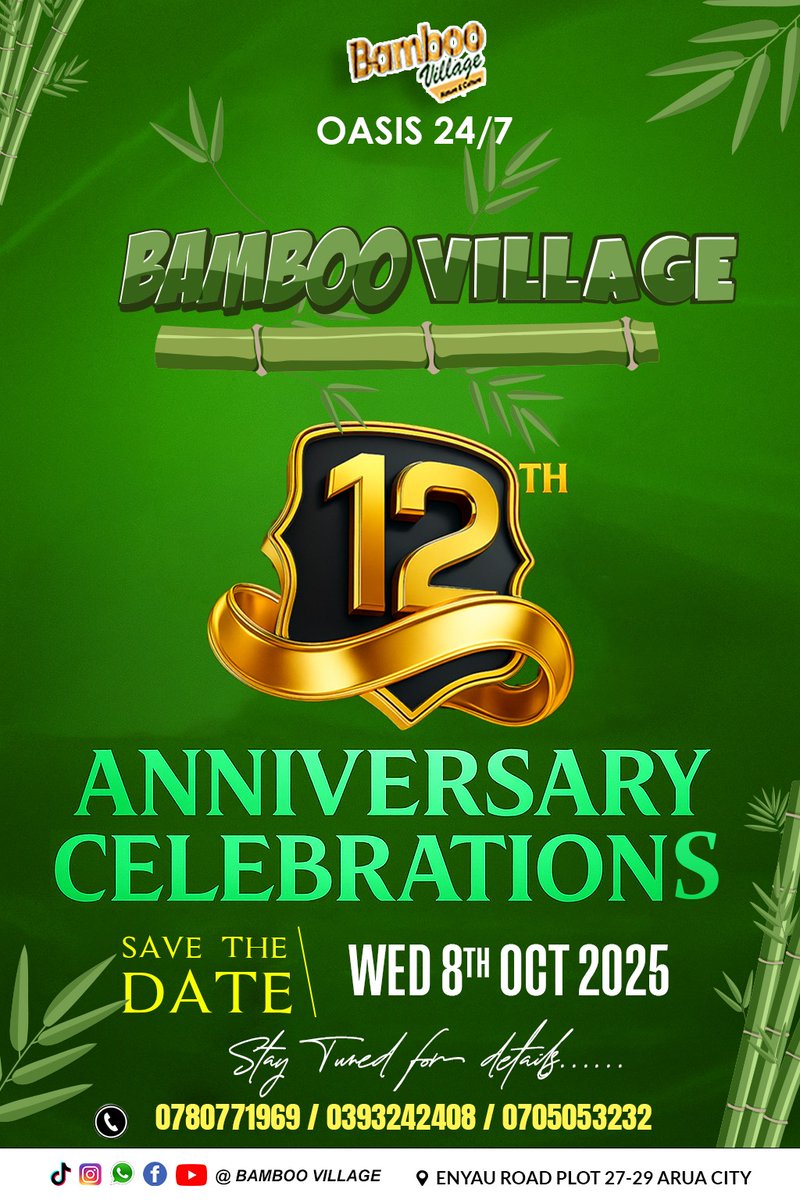 wambuzi_kyobe's tweet image. It&apos;s CONFIRMED!* 
This Wed 8th Oct 2025 is the Celebration Day for Bamboo Village Arua&apos;s 12th Anniversary!

Plz stay tuned for more details 🙏  ☺️