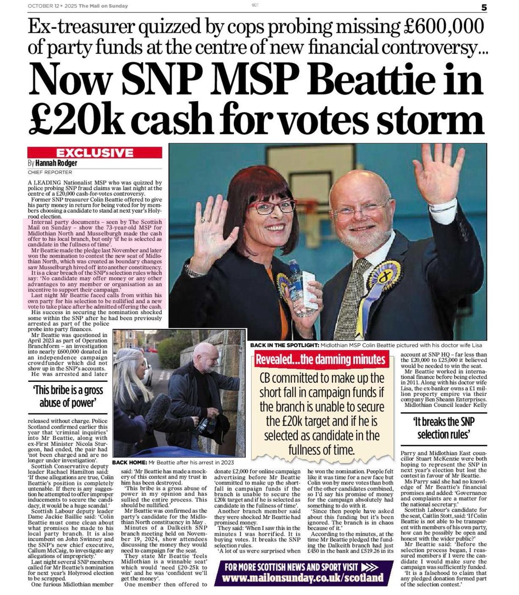 Fyrishsunset's tweet image. WOW! The SNP’s Colin Beattie, who was previously linked to Operation Branchform, offered his party £20,000 in return for being selected as their Holyrood candidate💥

dailymail.co.uk/news/article-1…