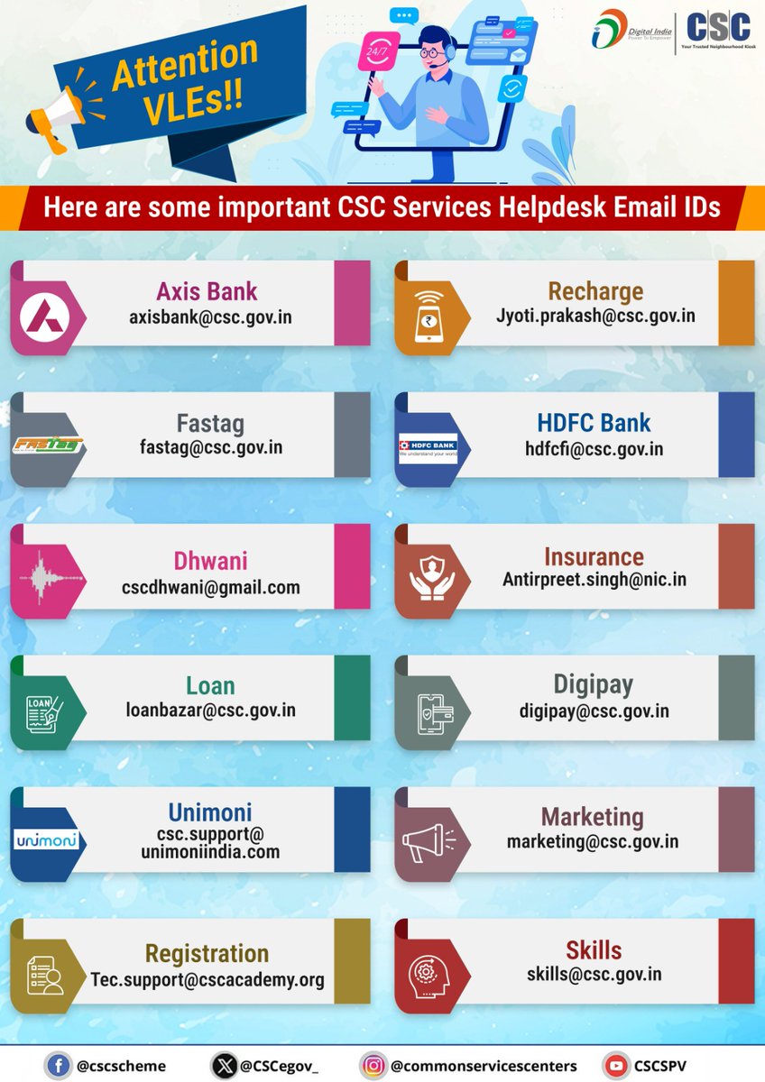 CSCegov_'s tweet image. 📢 Attention VLEs

Please find below a list of important #CSC Services Helpdesk Email IDs.

For any queries related to specific services, you are requested to contact us via the respective email address provided.

#DigitalIndia #CSCHelpdesk #CSCServiceEmails #RuralEmpowerment…