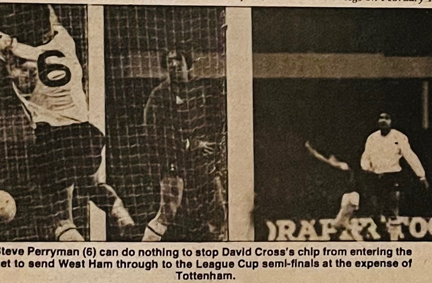 2/12/80: Tottenham keeper Barry Daines can do nothing to stop David Cross grabbing the winner as we march on to the League Cup Semi-Final, beating our First Division opponents 1-0 at Upton Park.