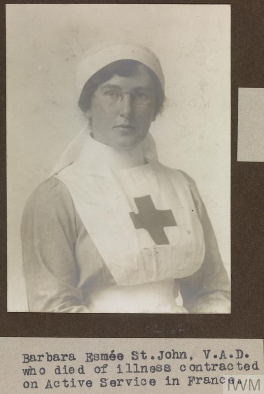 Remembering Miss Barbara Esmée St John, Voluntary Aid Detachments. Died of illness contracted on active service in France 12 October 1916.© IWM WWC H2-67-1