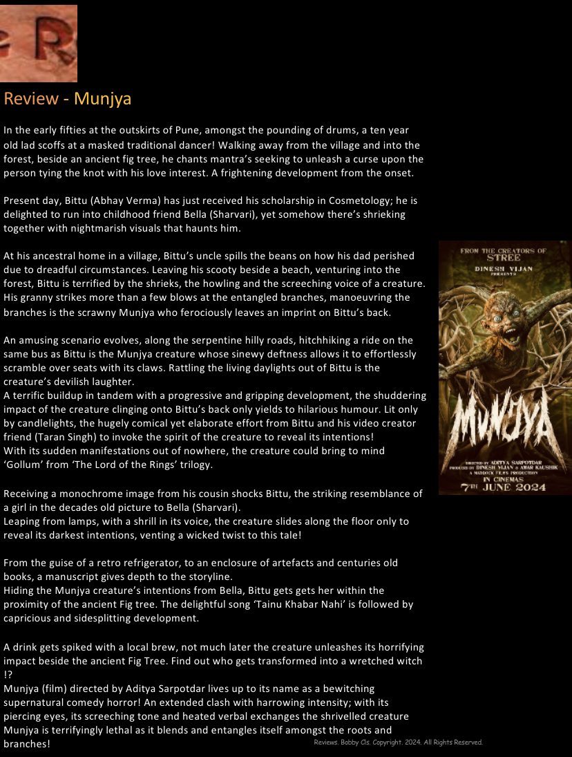 Rcoolmovies's tweet image. Winning the 2025 Filmfare Award for

Best VFX #VisualEffects 

#Redefine

#Munjya (film) directed by Aditya Sarpotdar truly a bewitching supernatural comedy horror! 

the shrivelled creature Munjya is terrifyingly lethal as it blends &amp;amp; entangles itself. @MaddockFilms @filmfare