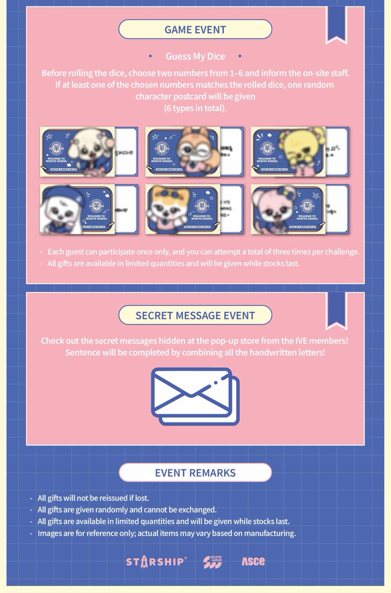 IVE x MINIVE POP-UP STORE
'MINIVE SCHOOL' in SINGAPORE

🎓 It's EVENT Time for DIVEs!
💟 EVENT
💟 STAMP EVENT
💟 MD EVENT
💟 GAME EVENT
💌 SECRET MESSAGE EVENT

Online advance booking is available NOW:
asceofficial.kktix.cc/events/minives…

*Only reservations for the 1st and 2nd days will be