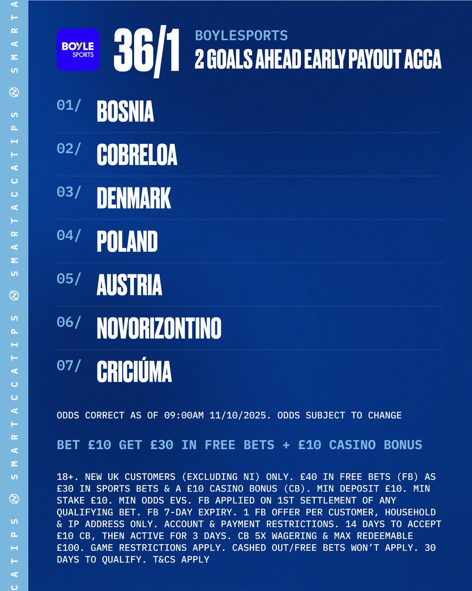 SmartAccaTips's tweet image. 🤞 9/1 & 35/1 EARLY PAYOUT ACCA'S!!
💥 5/1, 7/2, 5/2, 15/8 & 11/8 winners yesterday!
👊 These are BOTH with BOYLE Sports: smartaccatip.link/JoinBoylesports
✅ Make sure to apply acca boost in your betslip(s).
1️⃣🆙 LINK: smartaccatip.link/1UpAcca12Oct
🎁 Join today, bet £10 & get £40 in FREE…