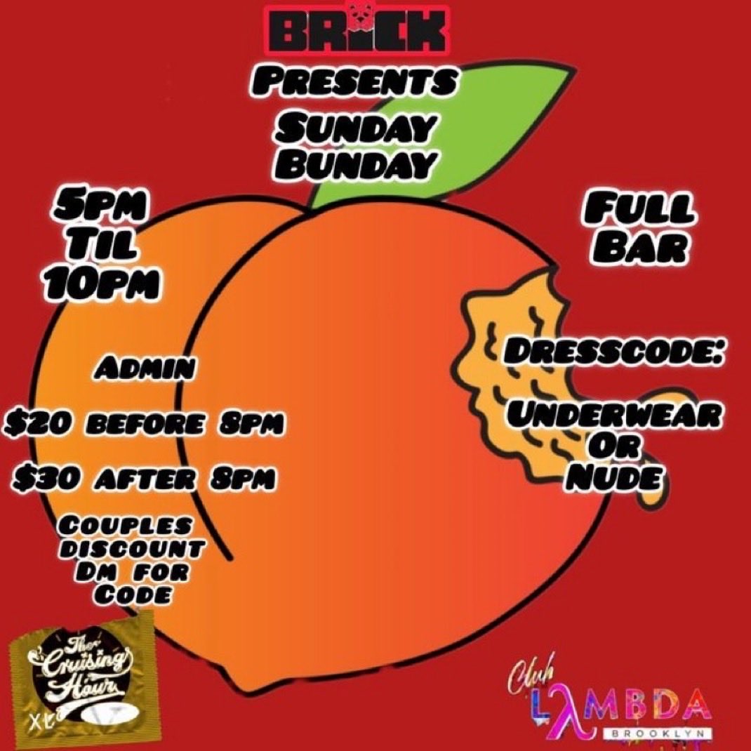 Don’t forget Sunday Bunday today in Brooklyn. 
Gay Play Party. 
<a href="/rogerblacc/">Rogerblacc</a> <a href="/TheCruisingHour/">Cruising Hour</a> at <a href="/CLUBLAMBDA_BK/">Club lambda</a> 
5pm-10pm at Club Lambda BK (1031 Grand St) Brooklyn. NY 11211.