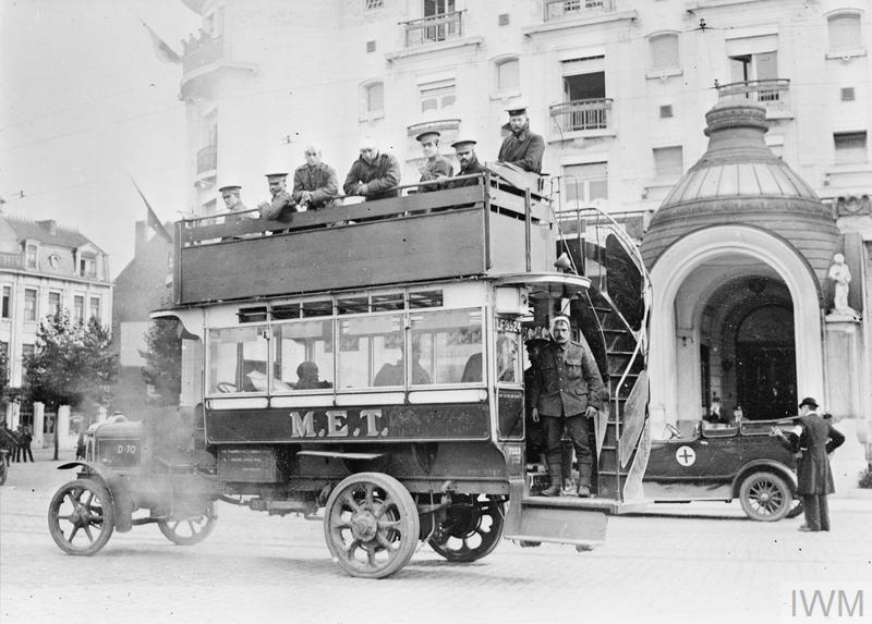 Wounded troops with British nurses arriving in Ghent on motor buses from Antwerp, 12 October 1914.IWMQ53316