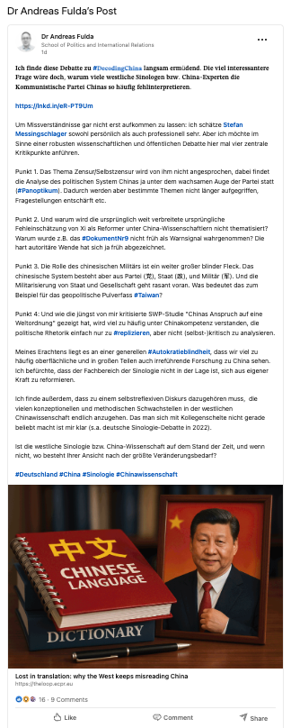 AMFChina's tweet photo. Auf LinkedIn hat sich eine interessante Debatte zum Thema #DecodingChina entwickelt. Messingschlager hat auf meine Kritik reagiert. Es freut mich sehr, dass wir uns zu diesem wichtigen Thema kritisch und konstruktiv austauschen können #Autokratiekompetenz https://t.co/0rETNj1U1X https://t.co/NEt5e3PJWQ