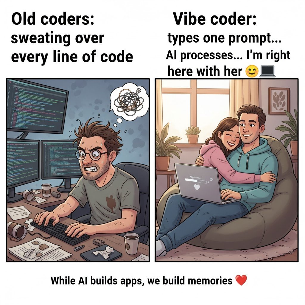 vmparthis's tweet image. Old coders type 10k lines. Vibe coders type one prompt and enjoy a hug while the AI does the work. Progress, but make it romantic 🥰 #CodingLife #VibeCoder