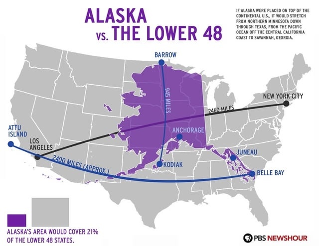 theepicmap's tweet photo. Visualize how large and long Alaska really is https://t.co/eMSpzkSs5I
