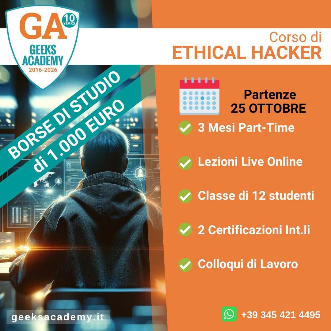 GeeksAcademyEu's tweet image. Sogni di diventare un EthicalHacker❓Iscriviti il corso pratico con laboratori dedicati a #PenetrationTesting e #VulnerabilityAssessment per avviarti alla professione più ambita nella #Cybersecurity. Consegui #certificazione internazionale . L&apos;esame è con noi in sede o da remoto.