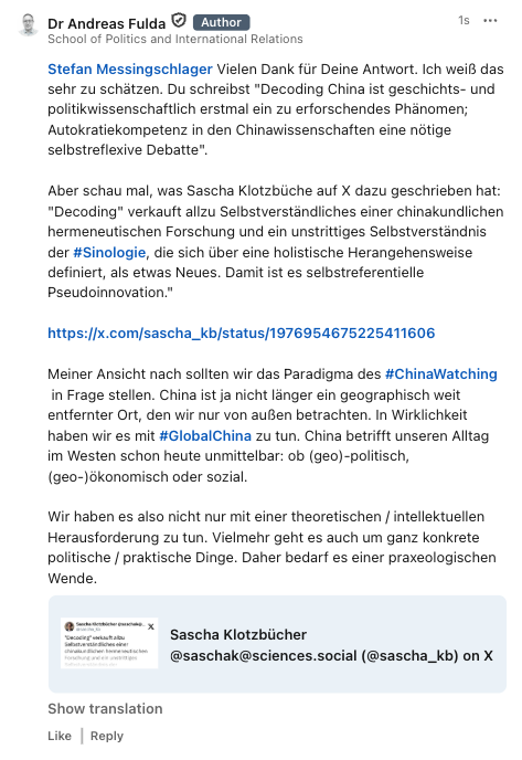 AMFChina's tweet photo. Auf LinkedIn hat sich eine interessante Debatte zum Thema #DecodingChina entwickelt. Messingschlager hat auf meine Kritik reagiert. Es freut mich sehr, dass wir uns zu diesem wichtigen Thema kritisch und konstruktiv austauschen können #Autokratiekompetenz https://t.co/0rETNj1U1X https://t.co/NEt5e3PJWQ