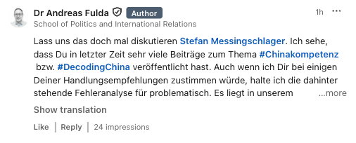 AMFChina's tweet photo. Auf LinkedIn hat sich eine interessante Debatte zum Thema #DecodingChina entwickelt. Messingschlager hat auf meine Kritik reagiert. Es freut mich sehr, dass wir uns zu diesem wichtigen Thema kritisch und konstruktiv austauschen können #Autokratiekompetenz https://t.co/0rETNj1U1X https://t.co/NEt5e3PJWQ