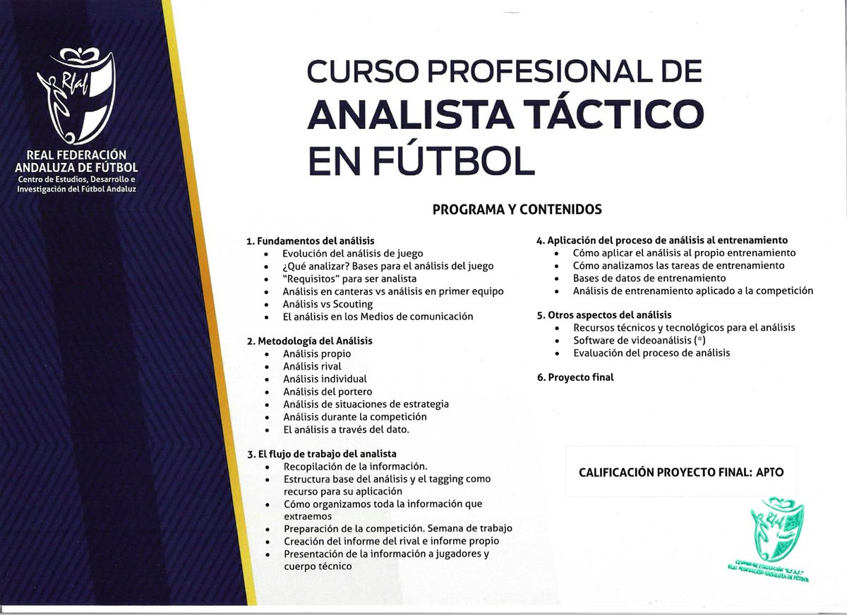 Simon Goodey (@simongoodey) on Twitter photo Estoy encantado de haber completado y aprobado el curso de Analista Táctico Profesional de Fútbol con la Federación Andaluza de Fútbol.
Fue una experiencia fantástica con profesionales con una amplia experiencia. <a href="/RFAF/">RFAF</a> <a href="/cedifa/">RFAF-CEDIFA</a> Estoy encantado de haber completado y aprobado el curso de Analista Táctico Profesional de Fútbol con la Federación Andaluza de Fútbol.
Fue una experiencia fantástica con profesionales con una amplia experiencia. <a href="/RFAF/">RFAF</a> <a href="/cedifa/">RFAF-CEDIFA</a>
