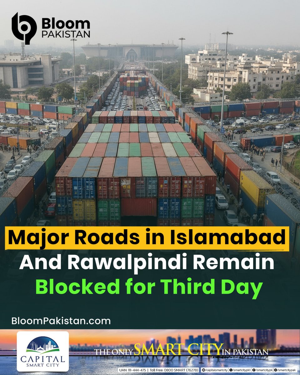 bloom_pakistan's tweet image. Protests Paralyze Twin Cities: Islamabad and Rawalpindi Face Third Day of Disruptions.

Read More  bloompakistan.com/major-roads-in…

#Islamabad #Rawalpindi #Protests #TwinCities
