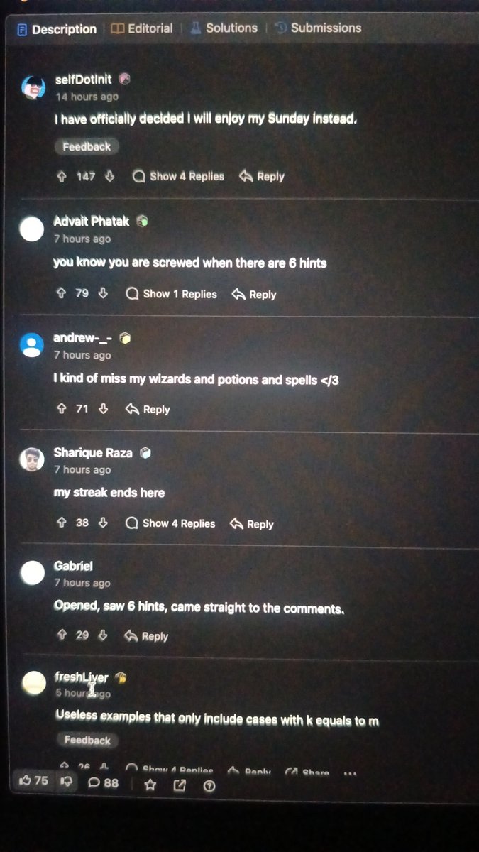 amit25says's tweet image. Ngl, but @LeetCode discussions are funnier than any other platforms..
😂😂🥲🥲😭😭
#LeetCode