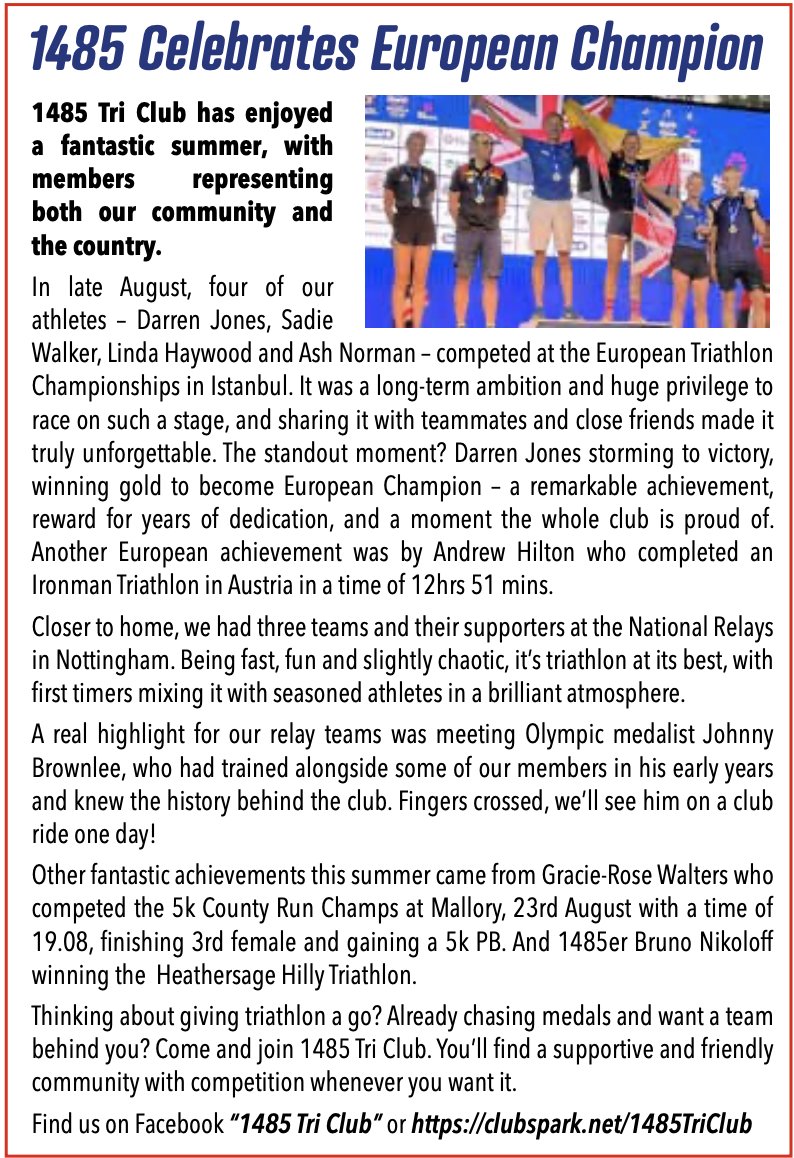 🏆 Massive congrats to 1485 Tri Club’s Darren Jones — now a European Champion after taking gold in Istanbul! 🇬🇧👏
A summer of medals, PBs &amp; even a run-in with Johnny Brownlee. Fancy joining? Find your pace with a top local club 👉 clubspark.net/1485TriClub
#Triathlon #Team1485
